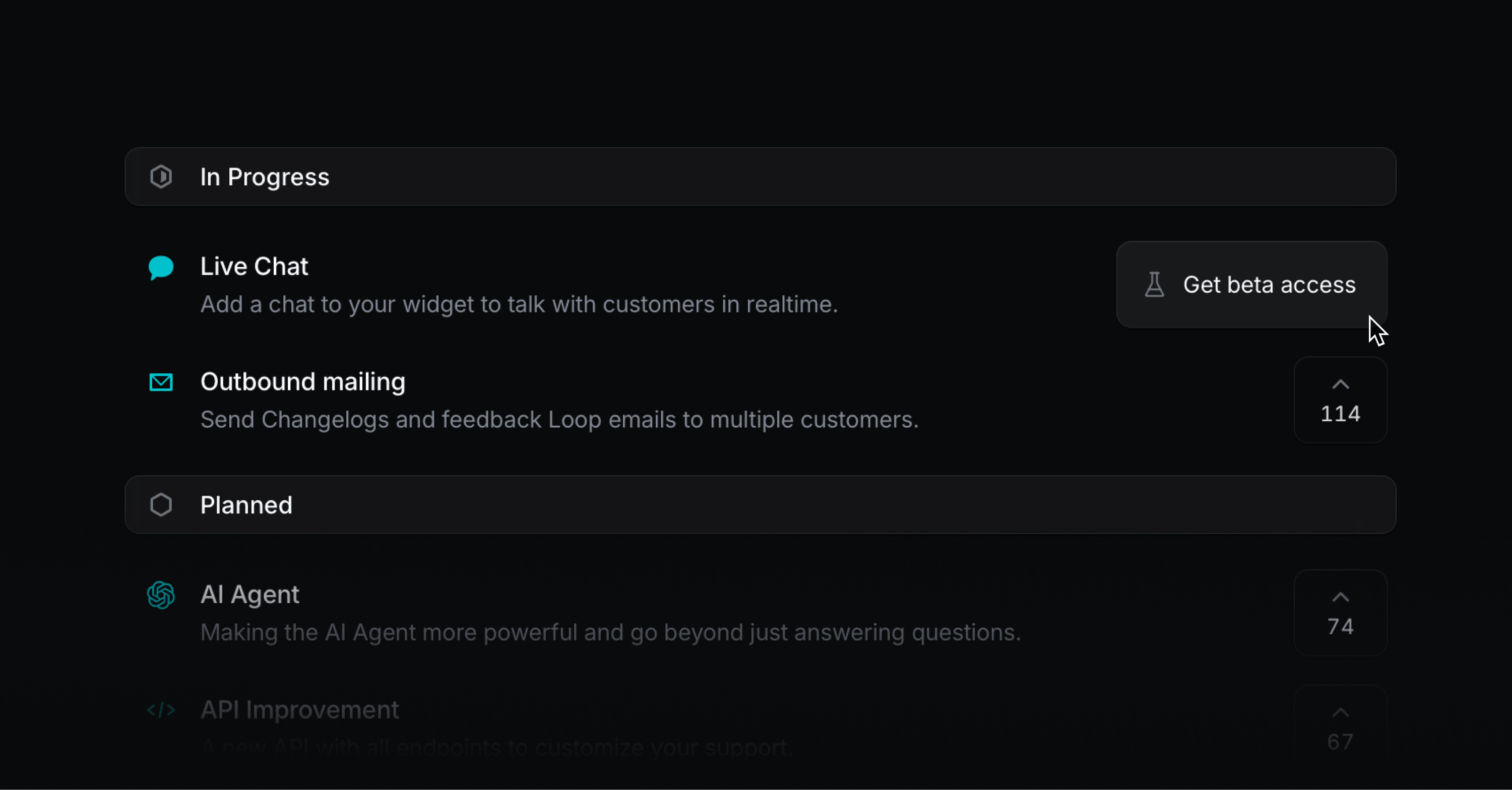 Feedback portal showing early access button on roadmap items